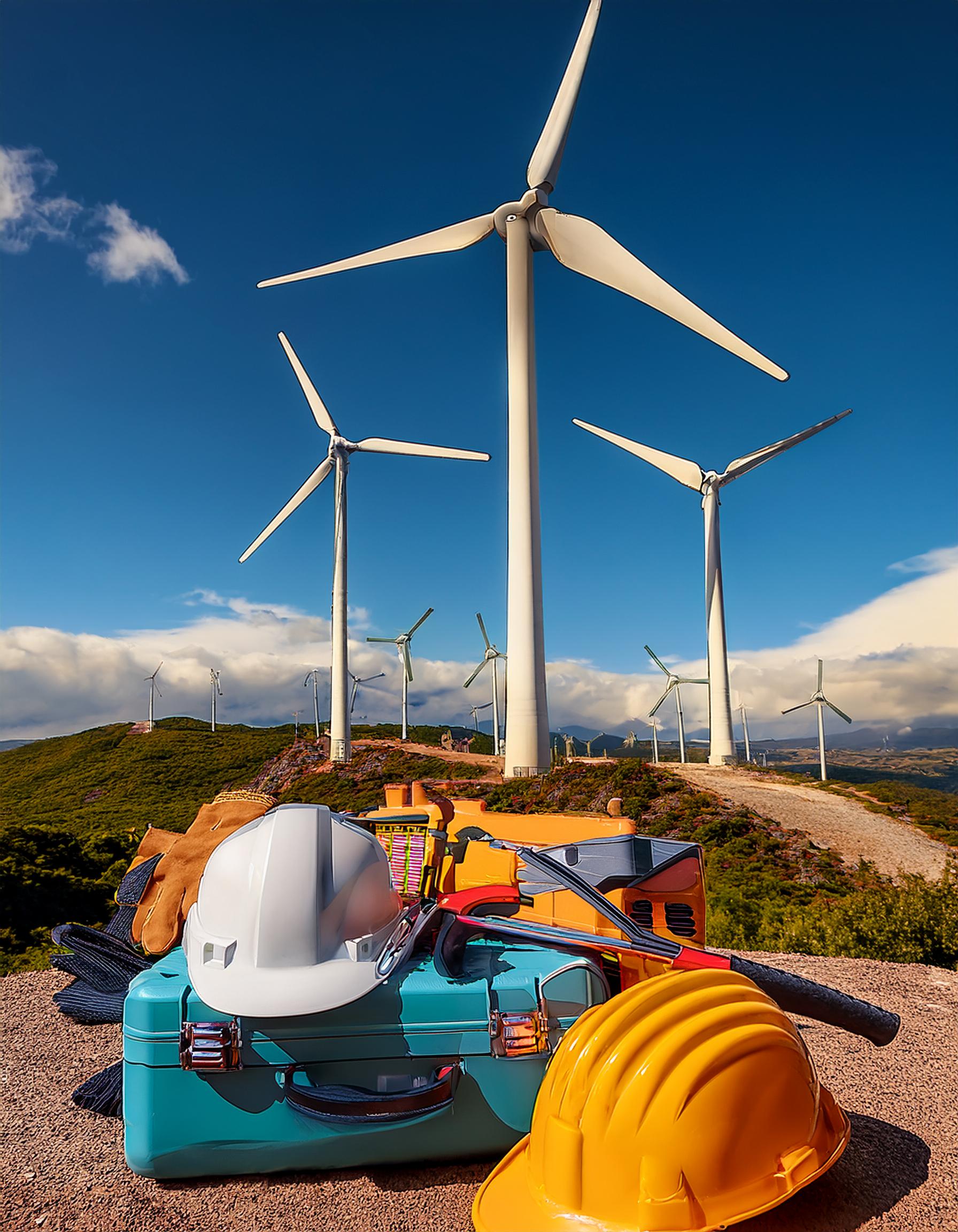 Windkraftanlage auf einem grünen Hügel